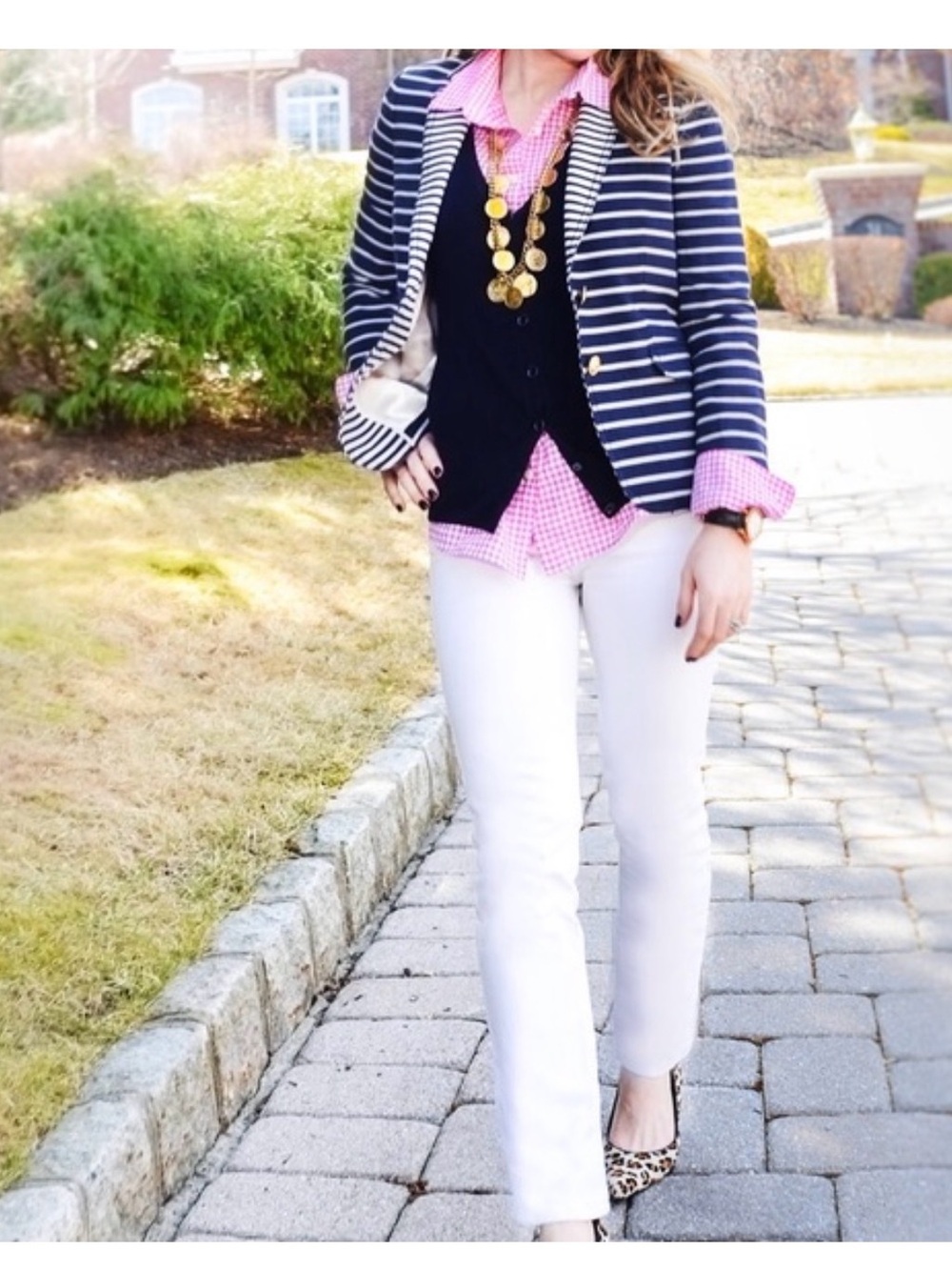 J.Crew Schoolboy Blazer Mixed Stripe  summer cotton linen gold‎ button preppy 0
